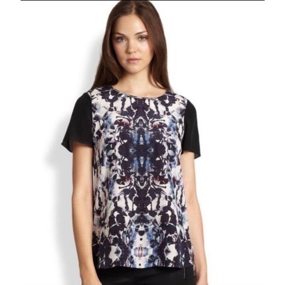 Rebecca Taylor Blue black Abstract Printed Short Sleeve Silk Blouse Sz 4 MP $200 - Picture 1 of 12